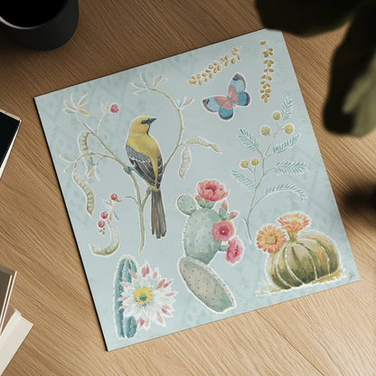 Desert Beauties IV Aqua by Daphne Brissonnet. Shown as a detailed flat fine art print, highlighting archival giclee quality. Available as an archival giclee rolled canvas, fine art paper, or poster print. SKU 65785a.