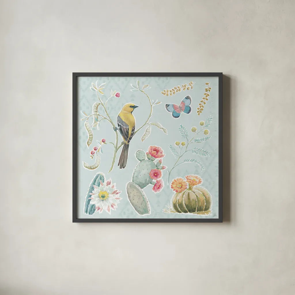 Desert Beauties IV Aqua by Daphne Brissonnet. Shown in a sleek black glass frame for a contemporary gallery look. Available as an archival giclee rolled canvas, fine art paper, or poster print. SKU 65785a.