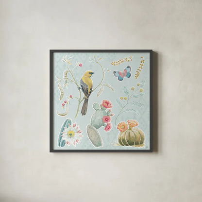 Desert Beauties IV Aqua by Daphne Brissonnet. Shown in a sleek black glass frame for a contemporary gallery look. Available as an archival giclee rolled canvas, fine art paper, or poster print. SKU 65785a.