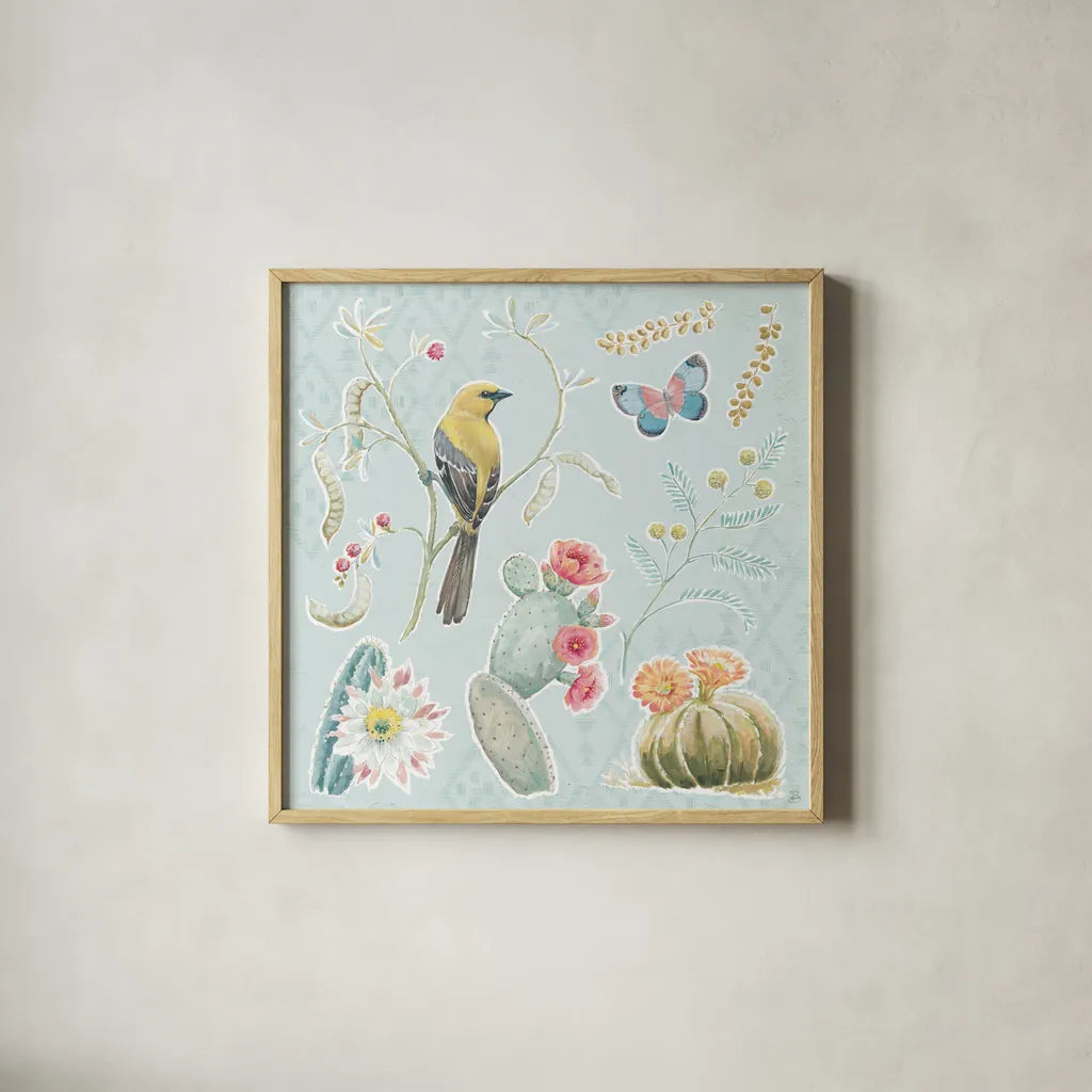 Desert Beauties IV Aqua by Daphne Brissonnet. Shown in a natural wood glass frame for a timeless modern aesthetic. Available as an archival giclee rolled canvas, fine art paper, or poster print. SKU 65785a.