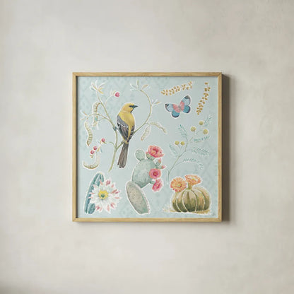 Desert Beauties IV Aqua by Daphne Brissonnet. Shown in a natural wood glass frame for a timeless modern aesthetic. Available as an archival giclee rolled canvas, fine art paper, or poster print. SKU 65785a.