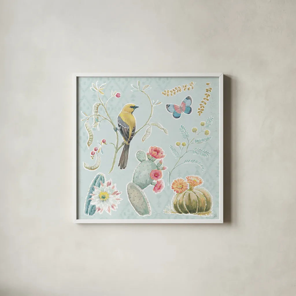 Desert Beauties IV Aqua by Daphne Brissonnet. Shown in a crisp white glass frame for a clean and minimalist style. Available as an archival giclee rolled canvas, fine art paper, or poster print. SKU 65785a.