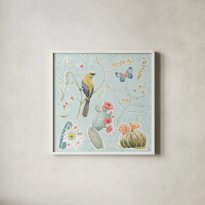 Desert Beauties IV Aqua by Daphne Brissonnet. Shown in a crisp white glass frame for a clean and minimalist style. Available as an archival giclee rolled canvas, fine art paper, or poster print. SKU 65785a.