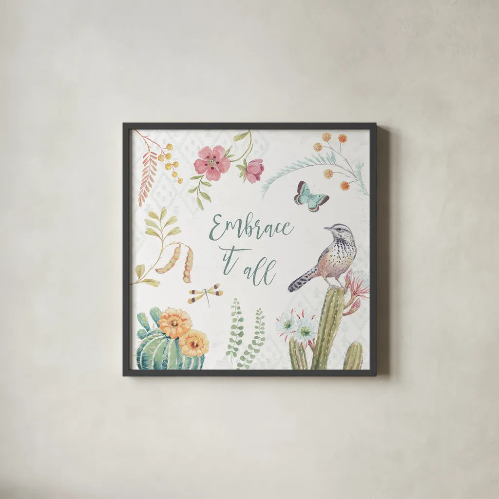 Desert Beauties IX by Daphne Brissonnet. Shown in a sleek black glass frame for a contemporary gallery look. Available as an archival giclee rolled canvas, fine art paper, or poster print. SKU 65733a.