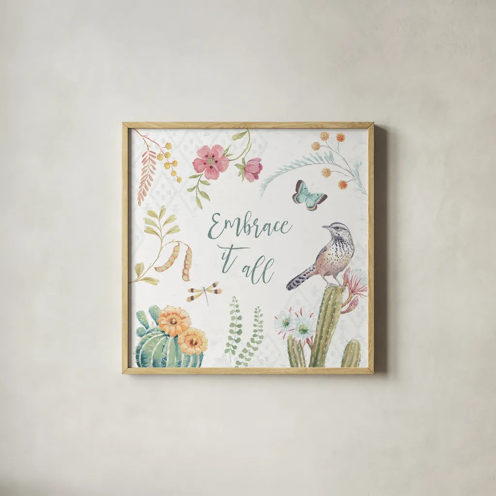 Desert Beauties IX by Daphne Brissonnet. Shown in a natural wood glass frame for a timeless modern aesthetic. Available as an archival giclee rolled canvas, fine art paper, or poster print. SKU 65733a.