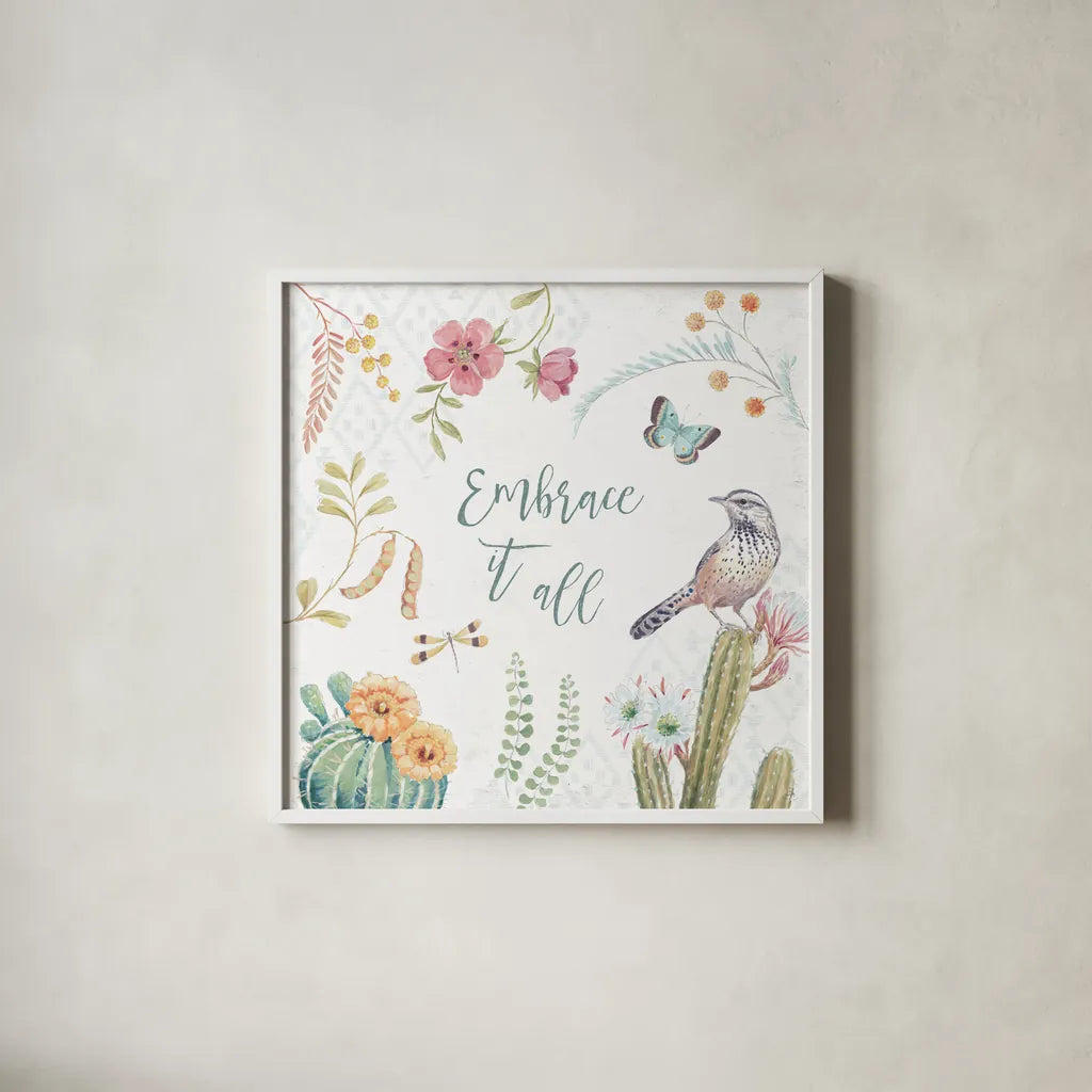 Desert Beauties IX by Daphne Brissonnet. Shown in a crisp white glass frame for a clean and minimalist style. Available as an archival giclee rolled canvas, fine art paper, or poster print. SKU 65733a.