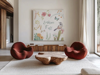 Desert Beauties IX by Daphne Brissonnet. Shown as extra-large giant wall art in a modern living room. Available as an archival giclee rolled canvas, fine art paper, or poster print. SKU 65733a.