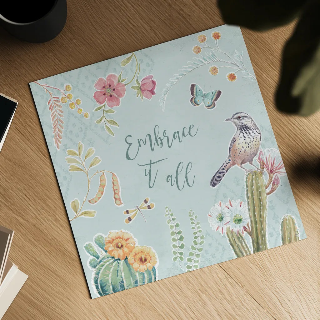 Desert Beauties IX Aqua by Daphne Brissonnet. Shown as a detailed flat fine art print, highlighting archival giclee quality. Available as an archival giclee rolled canvas, fine art paper, or poster print. SKU 65790a.