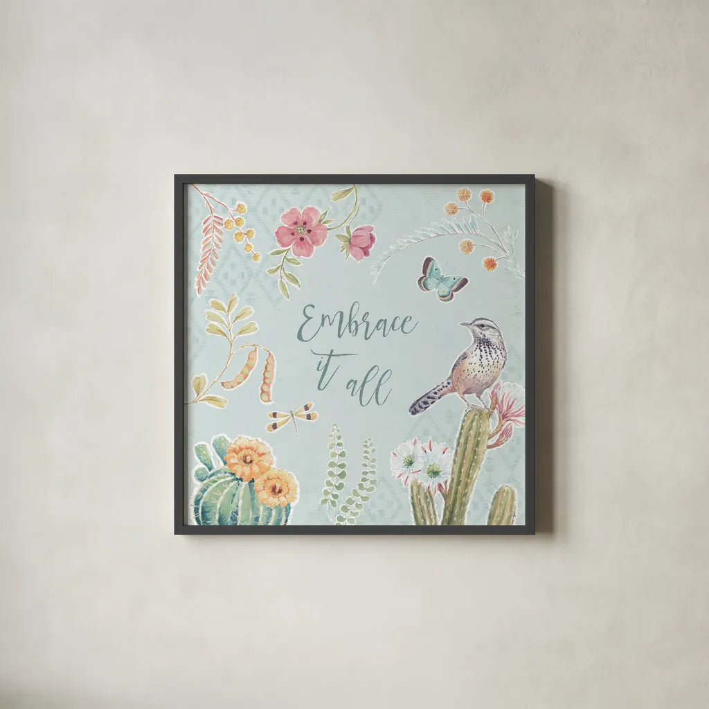 Desert Beauties IX Aqua by Daphne Brissonnet. Shown in a sleek black glass frame for a contemporary gallery look. Available as an archival giclee rolled canvas, fine art paper, or poster print. SKU 65790a.