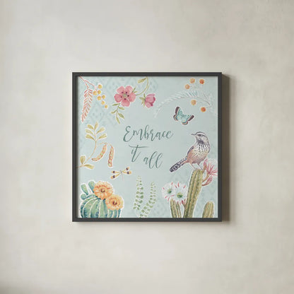 Desert Beauties IX Aqua by Daphne Brissonnet. Shown in a sleek black glass frame for a contemporary gallery look. Available as an archival giclee rolled canvas, fine art paper, or poster print. SKU 65790a.