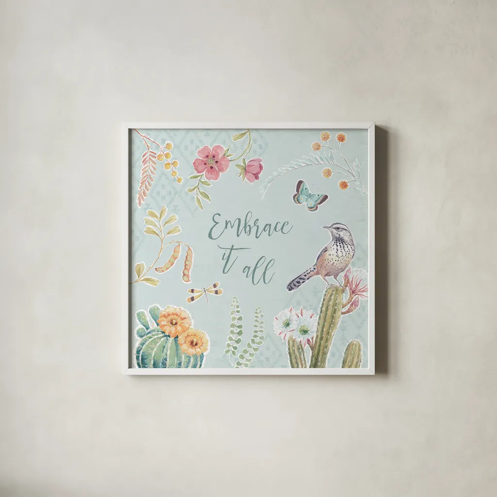 Desert Beauties IX Aqua by Daphne Brissonnet. Shown in a crisp white glass frame for a clean and minimalist style. Available as an archival giclee rolled canvas, fine art paper, or poster print. SKU 65790a.