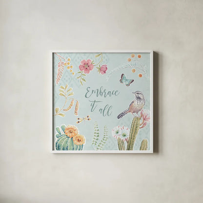 Desert Beauties IX Aqua by Daphne Brissonnet. Shown in a crisp white glass frame for a clean and minimalist style. Available as an archival giclee rolled canvas, fine art paper, or poster print. SKU 65790a.