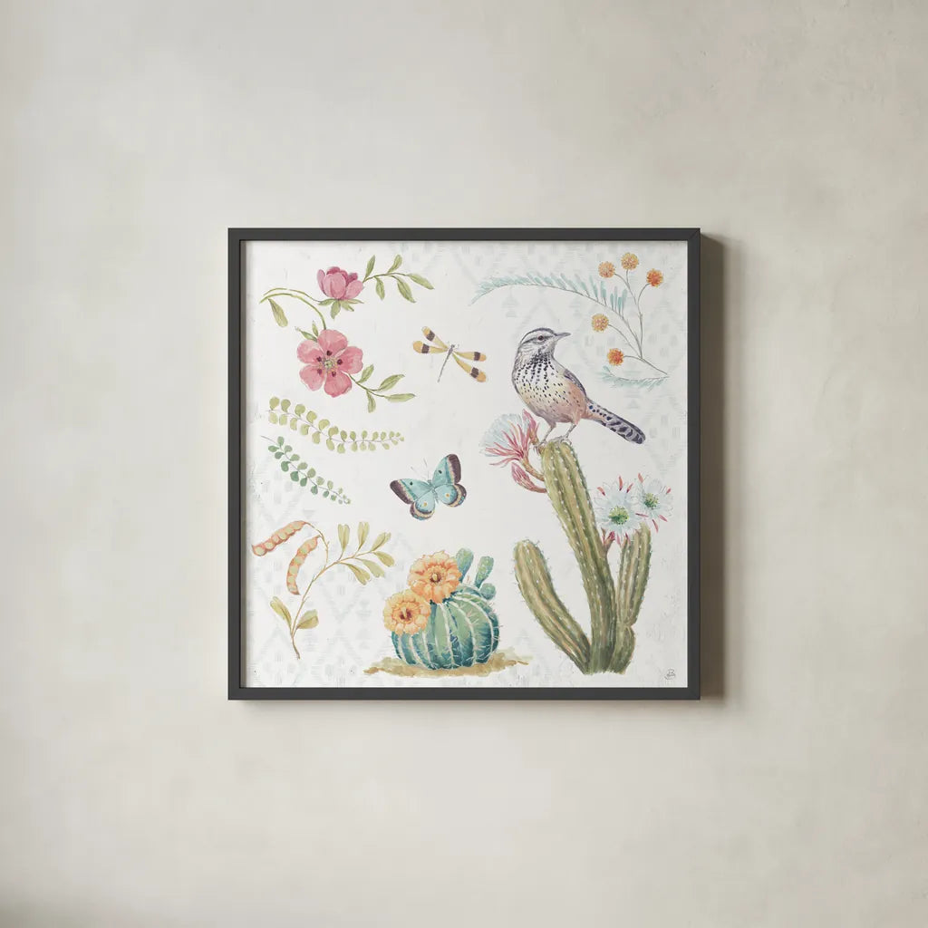 Desert Beauties V by Daphne Brissonnet. Shown in a sleek black glass frame for a contemporary gallery look. Available as an archival giclee rolled canvas, fine art paper, or poster print. SKU 65729a.