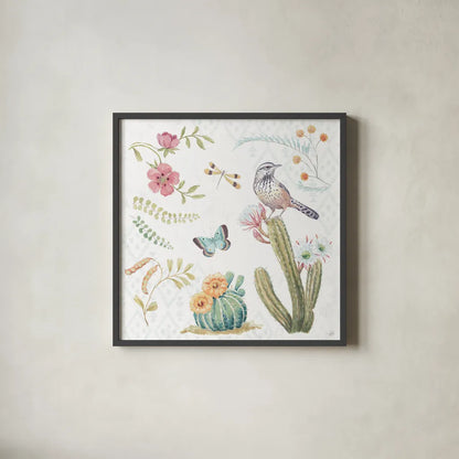 Desert Beauties V by Daphne Brissonnet. Shown in a sleek black glass frame for a contemporary gallery look. Available as an archival giclee rolled canvas, fine art paper, or poster print. SKU 65729a.