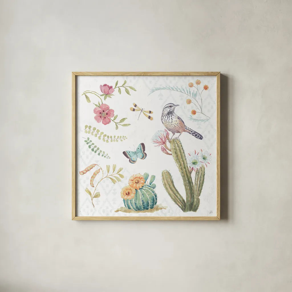Desert Beauties V by Daphne Brissonnet. Shown in a natural wood glass frame for a timeless modern aesthetic. Available as an archival giclee rolled canvas, fine art paper, or poster print. SKU 65729a.