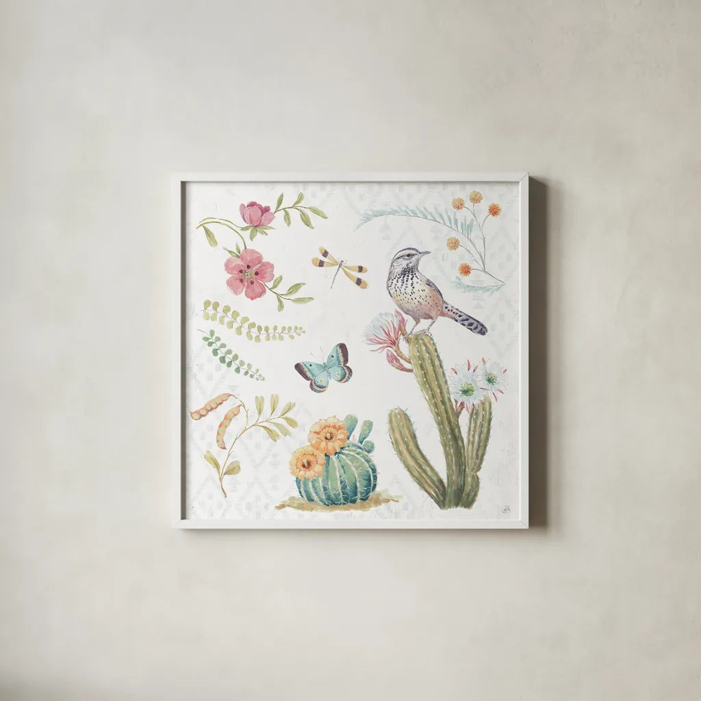 Desert Beauties V by Daphne Brissonnet. Shown in a crisp white glass frame for a clean and minimalist style. Available as an archival giclee rolled canvas, fine art paper, or poster print. SKU 65729a.
