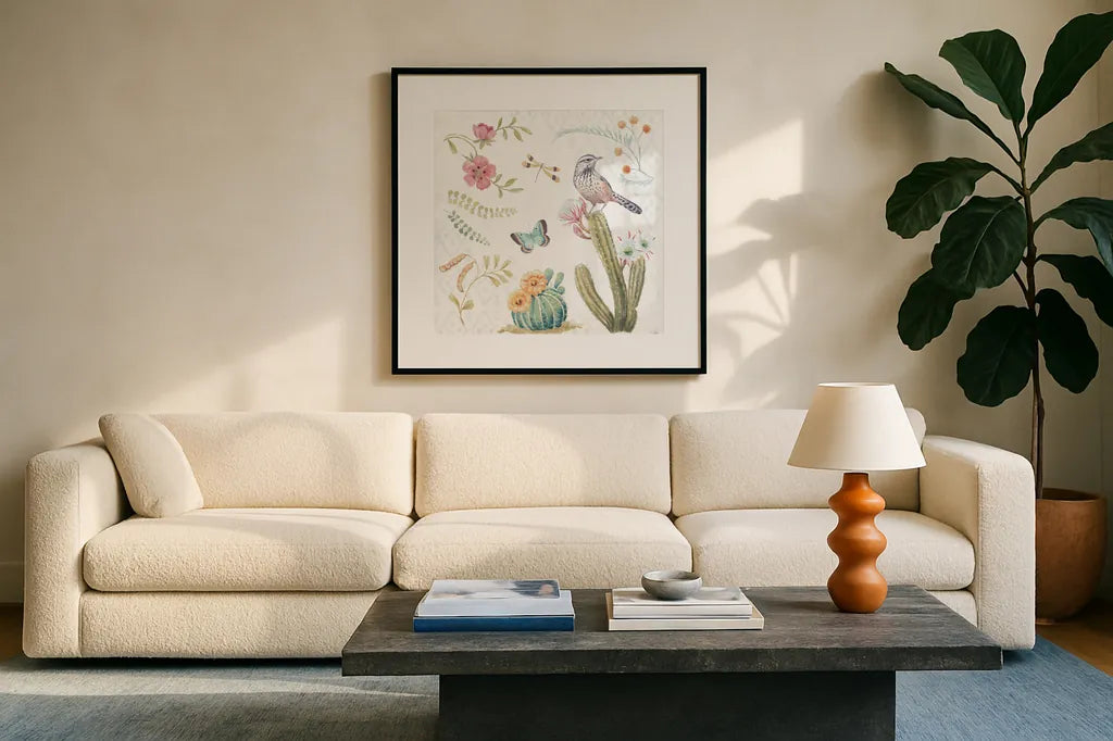 Desert Beauties V by Daphne Brissonnet. Displayed in a glass frame with matte in a clean modern living room. Available as an archival giclee rolled canvas, fine art paper, or poster print. SKU 65729a.