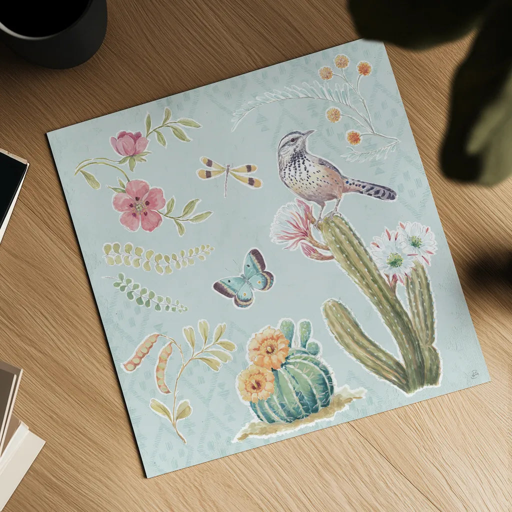 Desert Beauties V Aqua by Daphne Brissonnet. Shown as a detailed flat fine art print, highlighting archival giclee quality. Available as an archival giclee rolled canvas, fine art paper, or poster print. SKU 65786a.