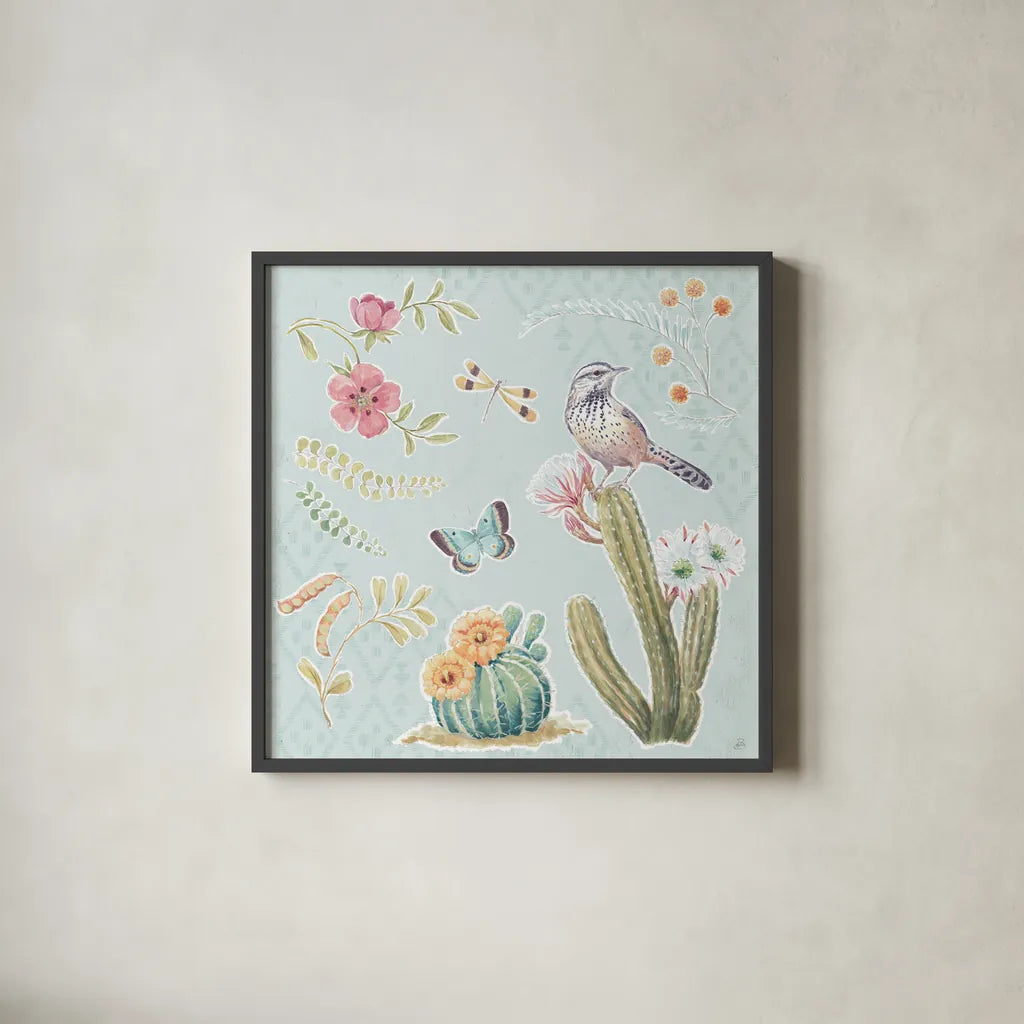 Desert Beauties V Aqua by Daphne Brissonnet. Shown in a sleek black glass frame for a contemporary gallery look. Available as an archival giclee rolled canvas, fine art paper, or poster print. SKU 65786a.