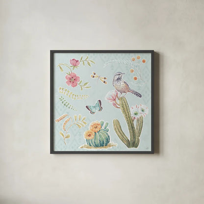 Desert Beauties V Aqua by Daphne Brissonnet. Shown in a sleek black glass frame for a contemporary gallery look. Available as an archival giclee rolled canvas, fine art paper, or poster print. SKU 65786a.