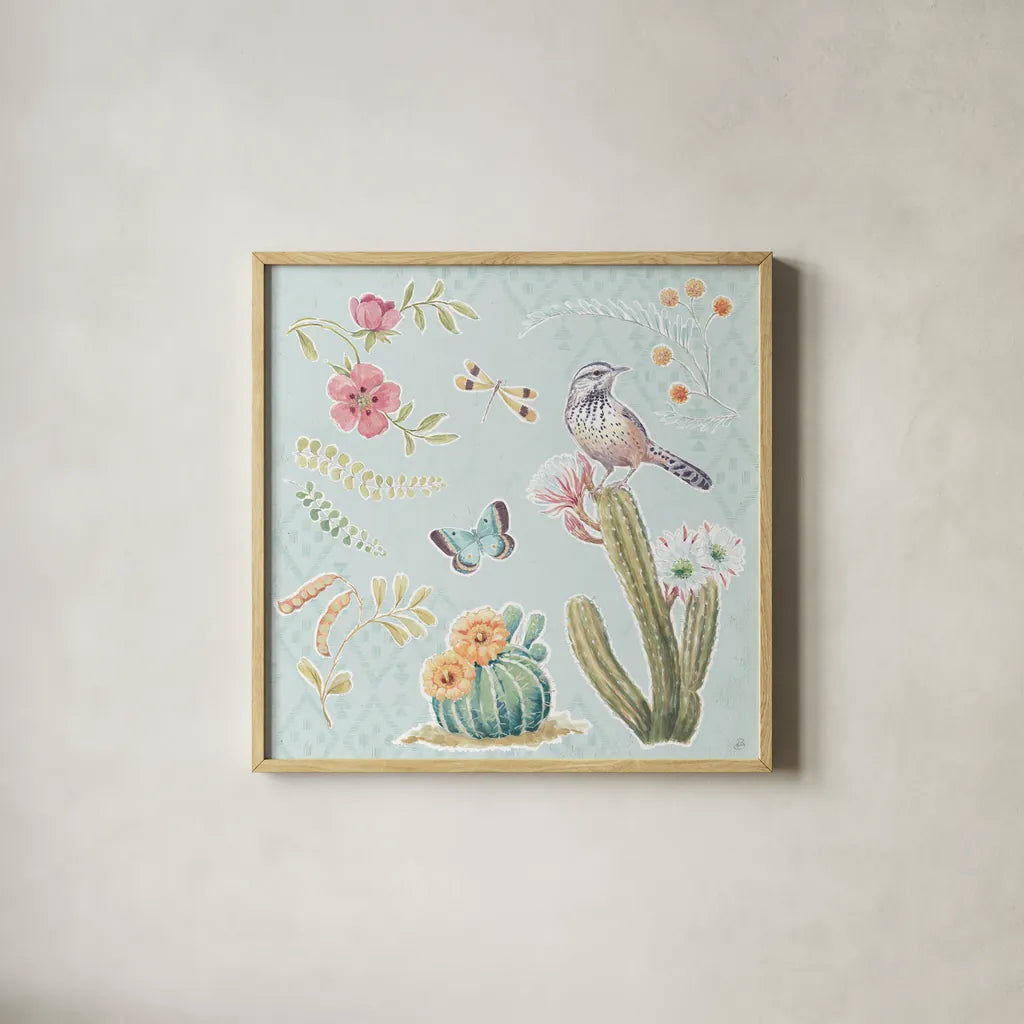 Desert Beauties V Aqua by Daphne Brissonnet. Shown in a natural wood glass frame for a timeless modern aesthetic. Available as an archival giclee rolled canvas, fine art paper, or poster print. SKU 65786a.