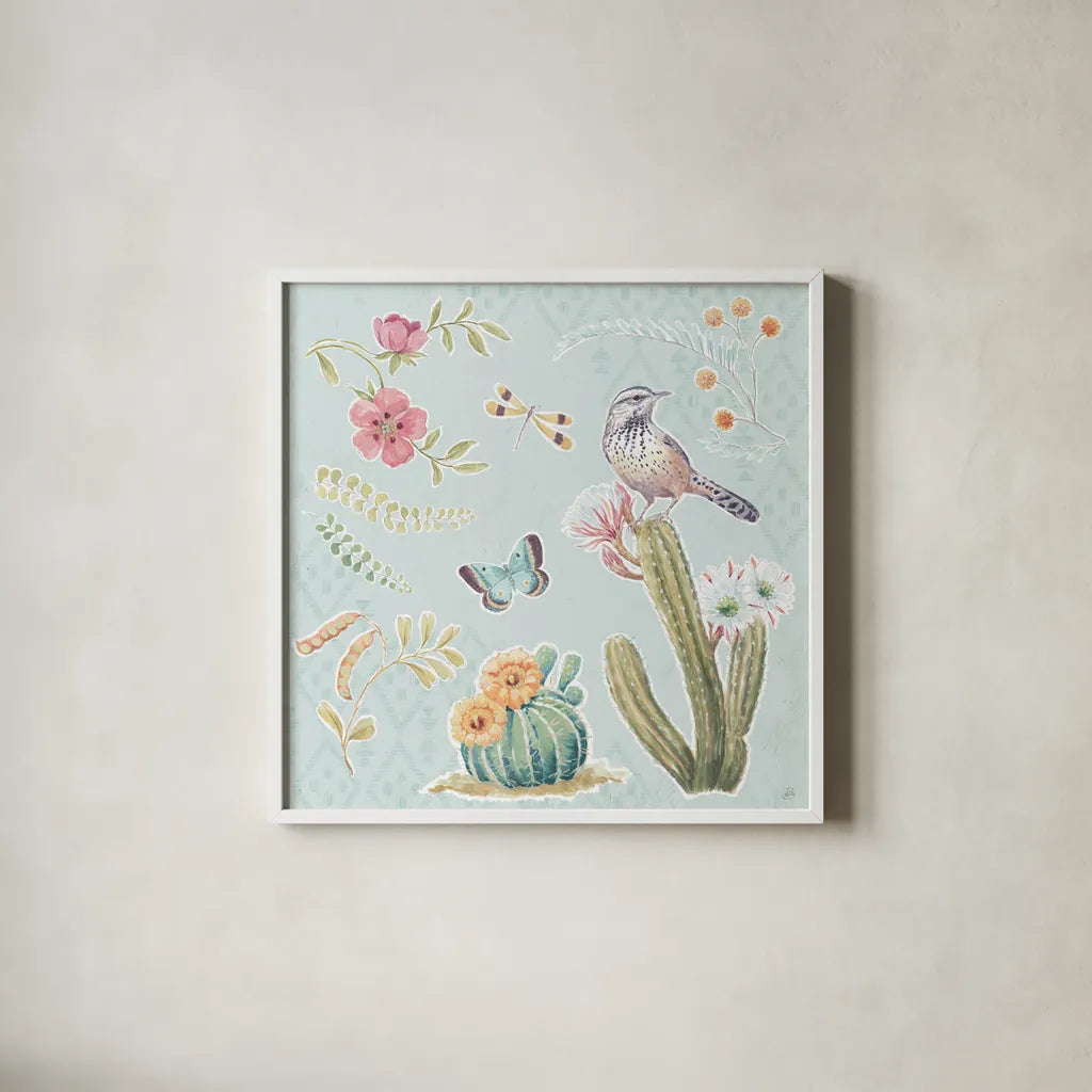 Desert Beauties V Aqua by Daphne Brissonnet. Shown in a crisp white glass frame for a clean and minimalist style. Available as an archival giclee rolled canvas, fine art paper, or poster print. SKU 65786a.