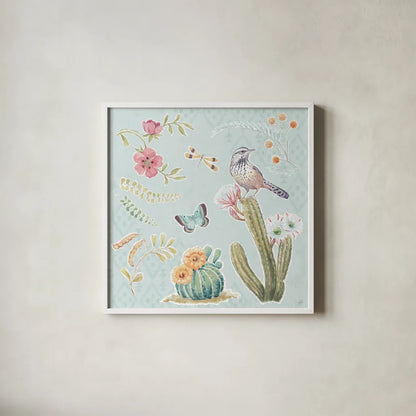 Desert Beauties V Aqua by Daphne Brissonnet. Shown in a crisp white glass frame for a clean and minimalist style. Available as an archival giclee rolled canvas, fine art paper, or poster print. SKU 65786a.