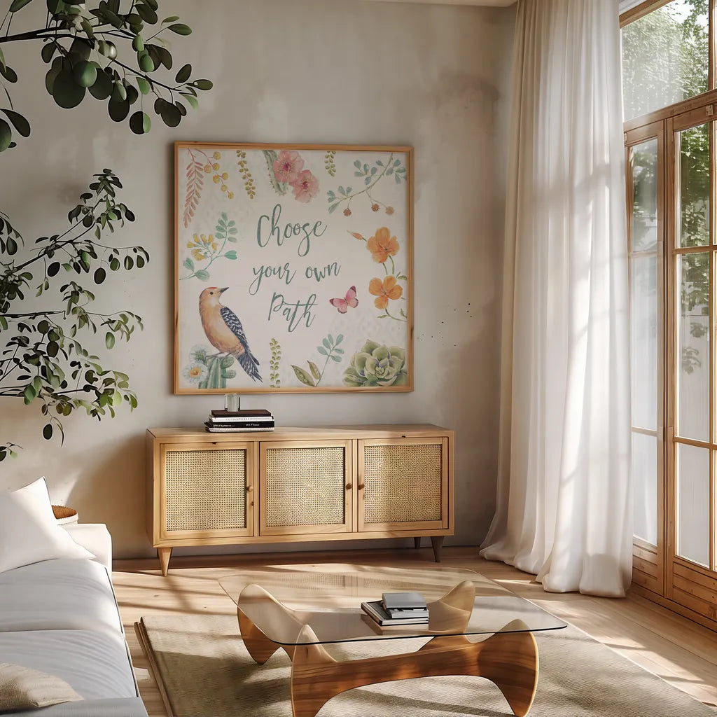 Desert Beauties VI by Daphne Brissonnet. Shown in a natural wood frame in a cozy modern living room. Available as an archival giclee rolled canvas, fine art paper, or poster print. SKU 65730a.