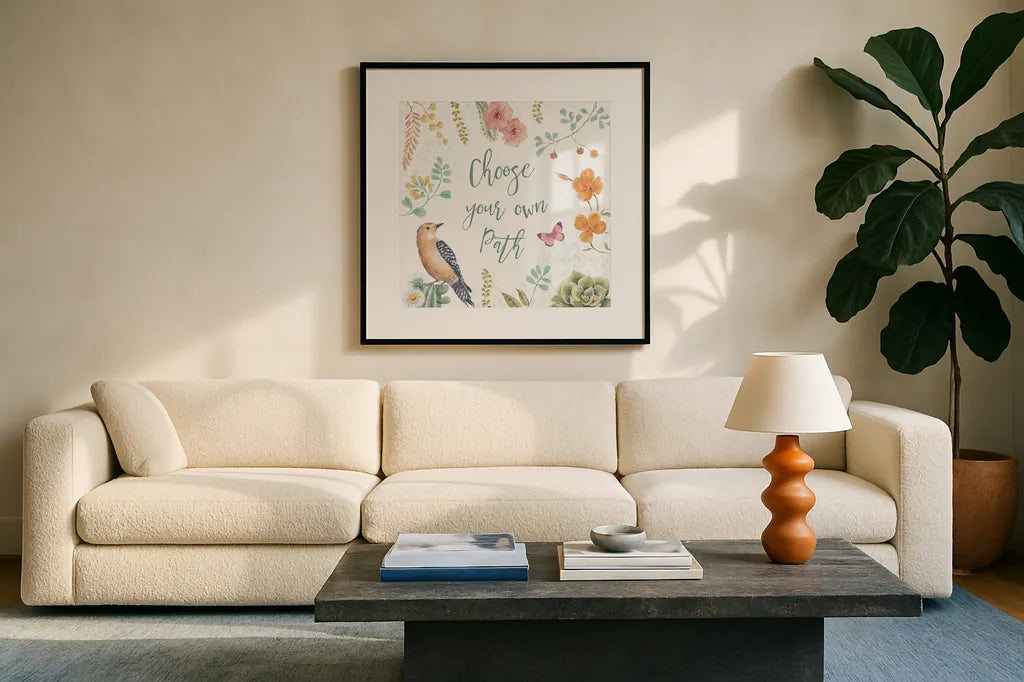 Desert Beauties VI by Daphne Brissonnet. Displayed in a glass frame with matte in a clean modern living room. Available as an archival giclee rolled canvas, fine art paper, or poster print. SKU 65730a.