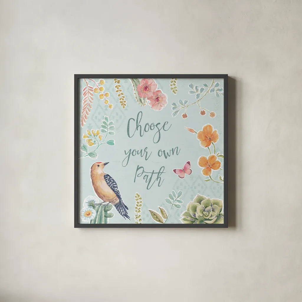 Desert Beauties VI Aqua by Daphne Brissonnet. Shown in a sleek black glass frame for a contemporary gallery look. Available as an archival giclee rolled canvas, fine art paper, or poster print. SKU 65787a.