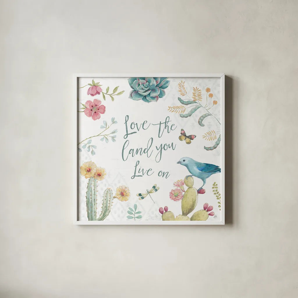 Desert Beauties VII by Daphne Brissonnet. Shown in a crisp white glass frame for a clean and minimalist style. Available as an archival giclee rolled canvas, fine art paper, or poster print. SKU 65731a.