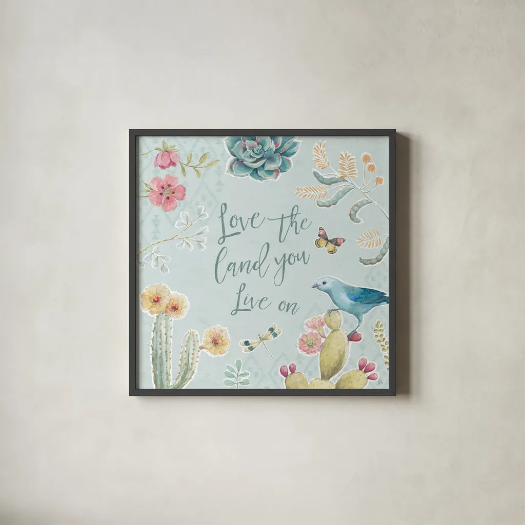 Desert Beauties VII Aqua by Daphne Brissonnet. Shown in a sleek black glass frame for a contemporary gallery look. Available as an archival giclee rolled canvas, fine art paper, or poster print. SKU 65788a.