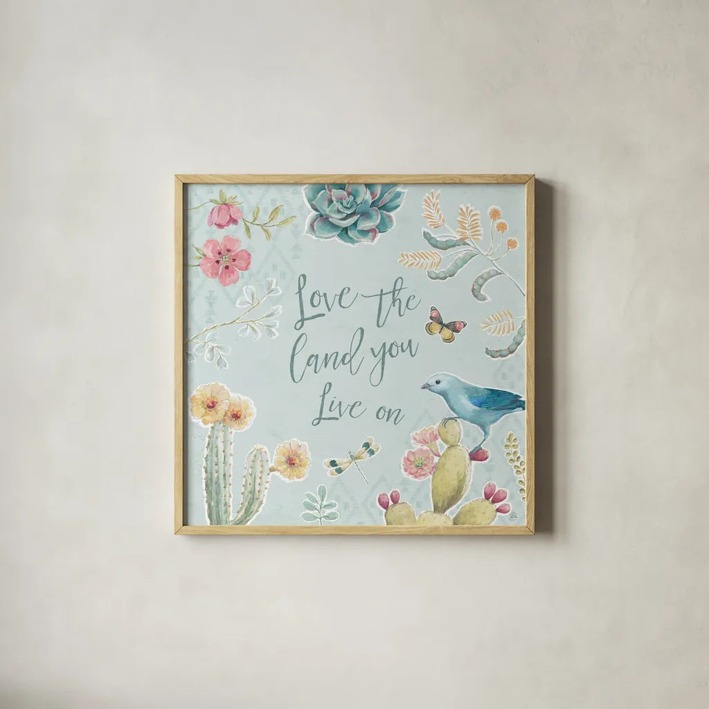 Desert Beauties VII Aqua by Daphne Brissonnet. Shown in a natural wood glass frame for a timeless modern aesthetic. Available as an archival giclee rolled canvas, fine art paper, or poster print. SKU 65788a.