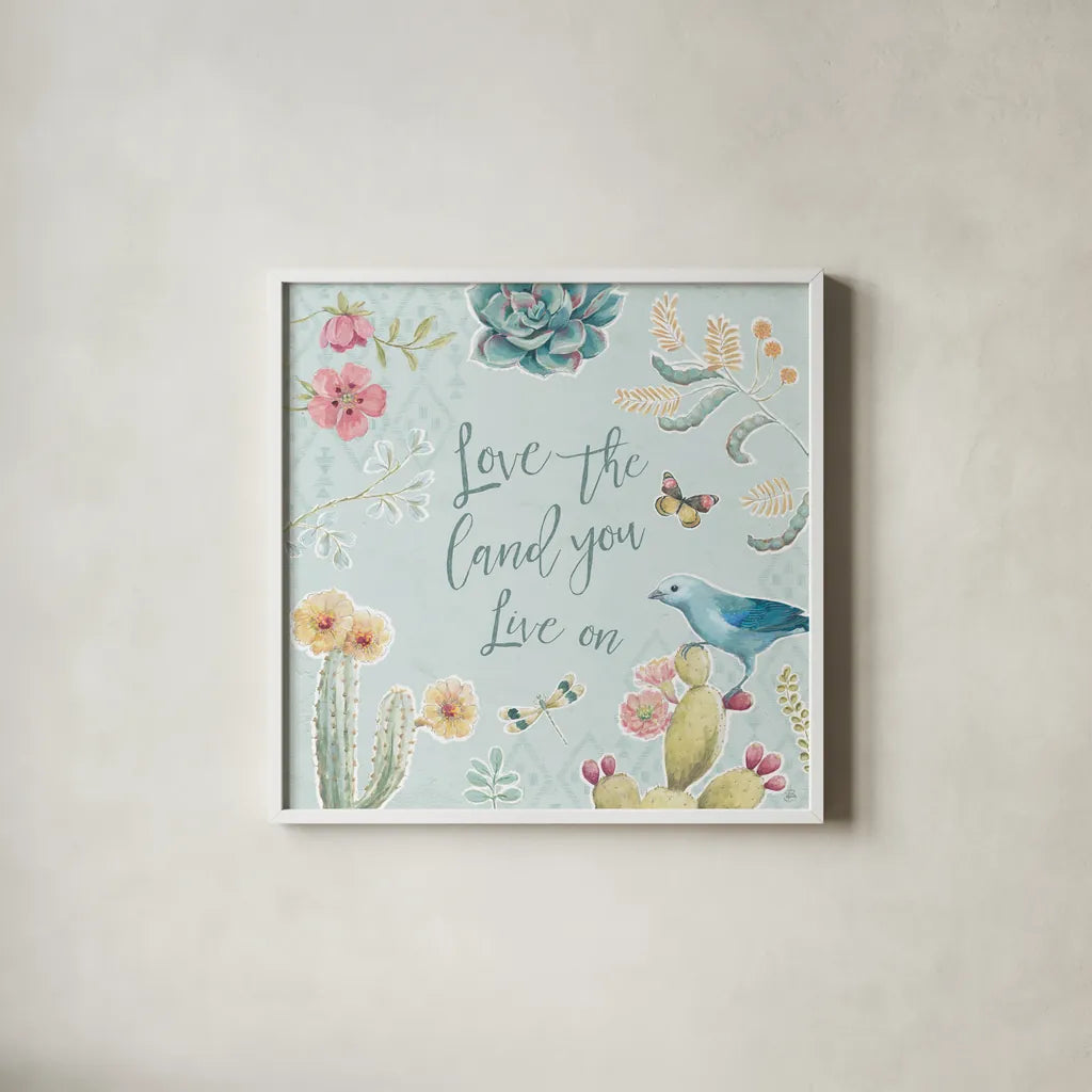 Desert Beauties VII Aqua by Daphne Brissonnet. Shown in a crisp white glass frame for a clean and minimalist style. Available as an archival giclee rolled canvas, fine art paper, or poster print. SKU 65788a.