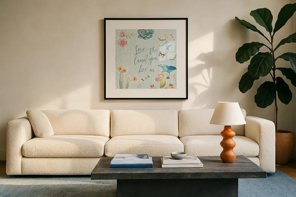 Desert Beauties VII Aqua by Daphne Brissonnet. Displayed in a glass frame with matte in a clean modern living room. Available as an archival giclee rolled canvas, fine art paper, or poster print. SKU 65788a.