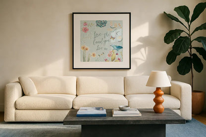 Desert Beauties VII Aqua by Daphne Brissonnet. Displayed in a glass frame with matte in a clean modern living room. Available as an archival giclee rolled canvas, fine art paper, or poster print. SKU 65788a.