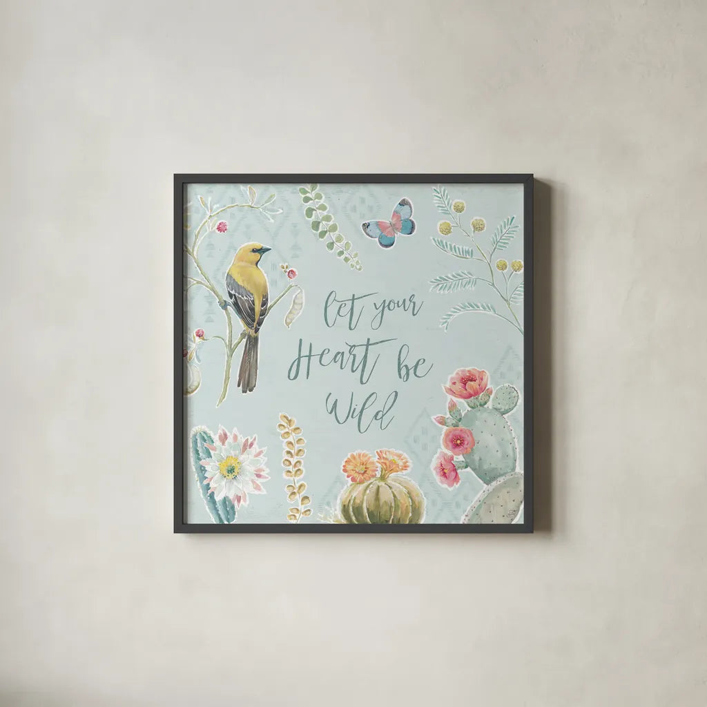 Desert Beauties VIII Aqua by Daphne Brissonnet. Shown in a sleek black glass frame for a contemporary gallery look. Available as an archival giclee rolled canvas, fine art paper, or poster print. SKU 65789a.