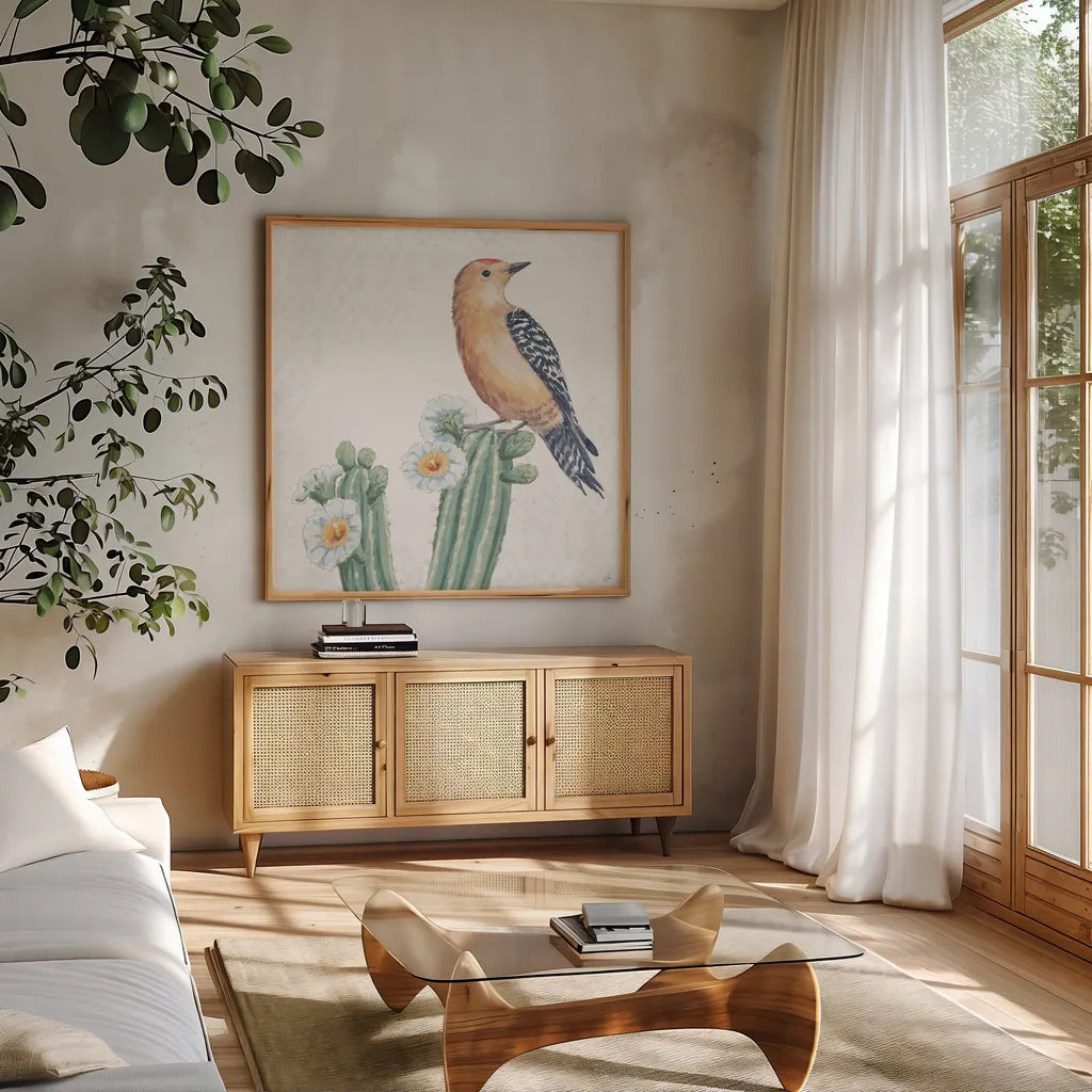 Desert Beauties X by Daphne Brissonnet. Shown in a natural wood frame in a cozy modern living room. Available as an archival giclee rolled canvas, fine art paper, or poster print. SKU 65734a.