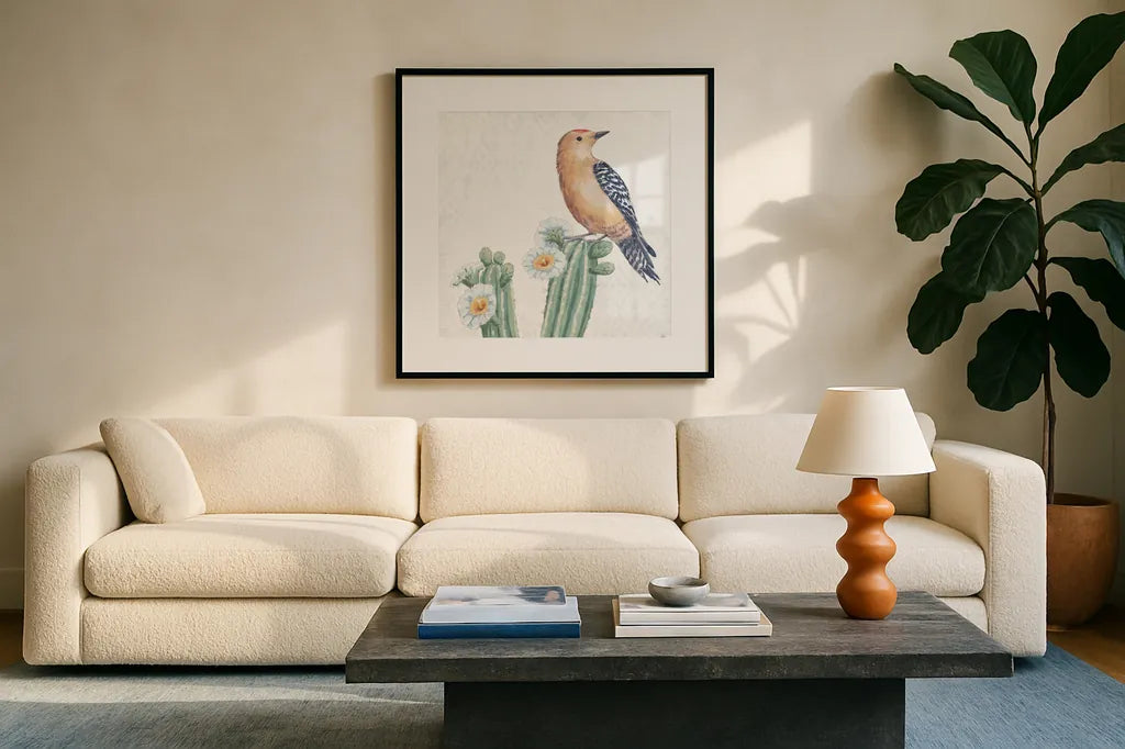Desert Beauties X by Daphne Brissonnet. Displayed in a glass frame with matte in a clean modern living room. Available as an archival giclee rolled canvas, fine art paper, or poster print. SKU 65734a.