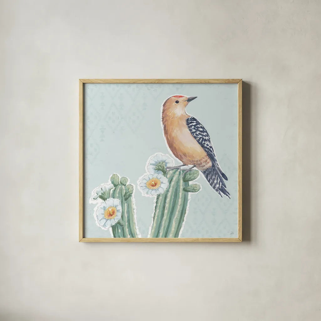 Desert Beauties X Aqua by Daphne Brissonnet. Shown in a natural wood glass frame for a timeless modern aesthetic. Available as an archival giclee rolled canvas, fine art paper, or poster print. SKU 65791a.