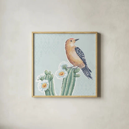 Desert Beauties X Aqua by Daphne Brissonnet. Shown in a natural wood glass frame for a timeless modern aesthetic. Available as an archival giclee rolled canvas, fine art paper, or poster print. SKU 65791a.