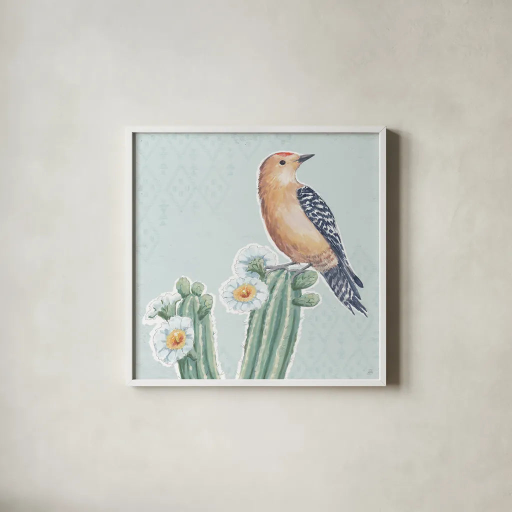 Desert Beauties X Aqua by Daphne Brissonnet. Shown in a crisp white glass frame for a clean and minimalist style. Available as an archival giclee rolled canvas, fine art paper, or poster print. SKU 65791a.