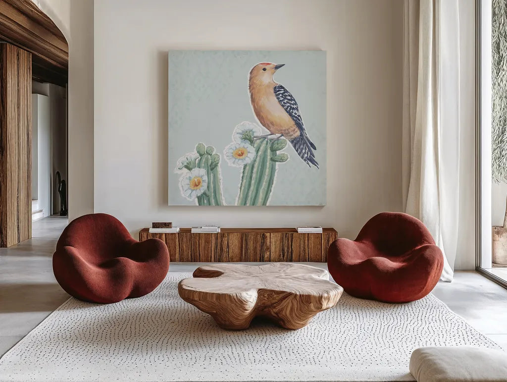 Desert Beauties X Aqua by Daphne Brissonnet. Shown as extra-large giant wall art in a modern living room. Available as an archival giclee rolled canvas, fine art paper, or poster print. SKU 65791a.