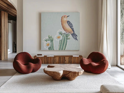 Desert Beauties X Aqua by Daphne Brissonnet. Shown as extra-large giant wall art in a modern living room. Available as an archival giclee rolled canvas, fine art paper, or poster print. SKU 65791a.