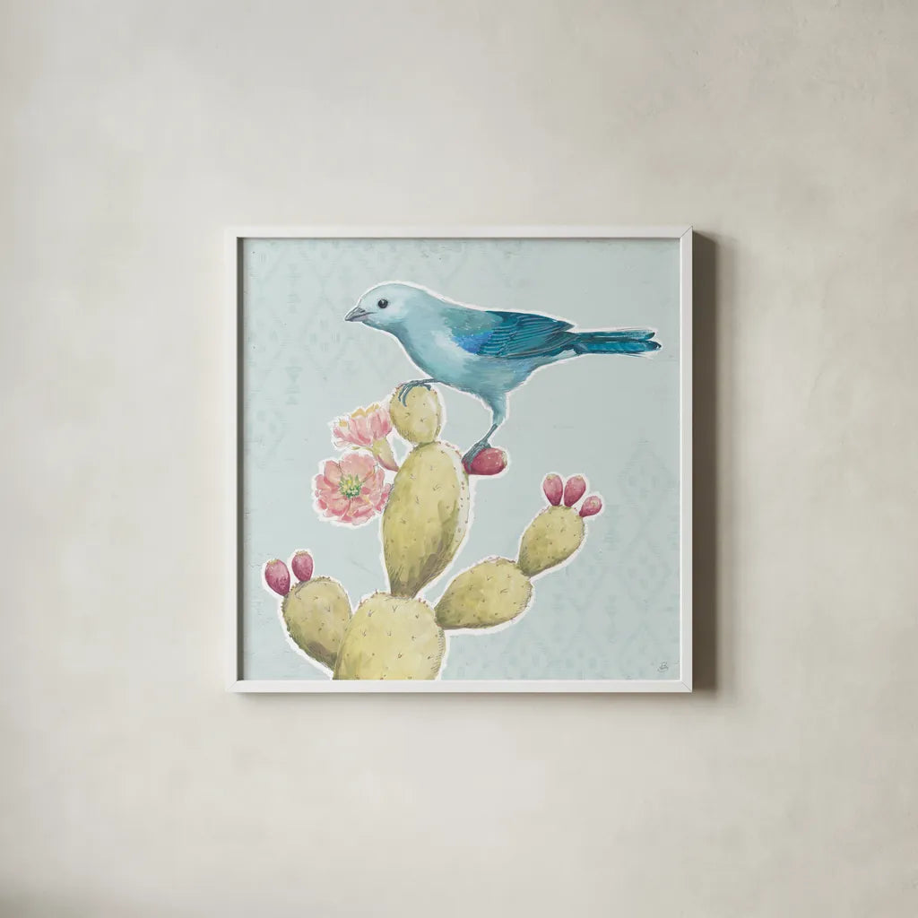 Desert Beauties XI Aqua by Daphne Brissonnet. Shown in a crisp white glass frame for a clean and minimalist style. Available as an archival giclee rolled canvas, fine art paper, or poster print. SKU 65792a.