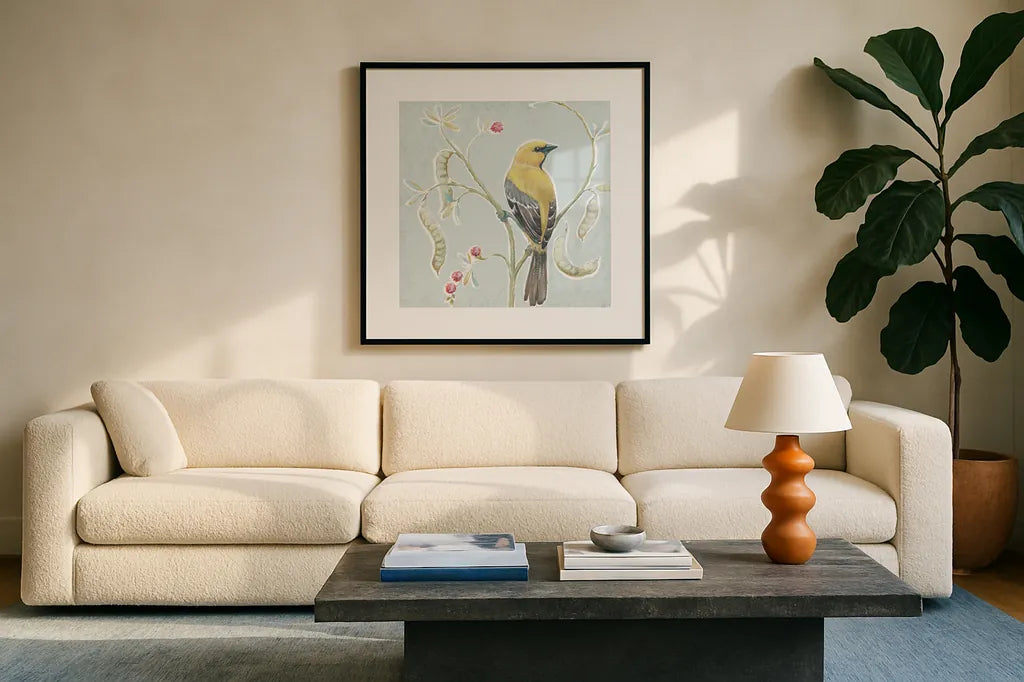 Desert Beauties XII Aqua by Daphne Brissonnet. Displayed in a glass frame with matte in a clean modern living room. Available as an archival giclee rolled canvas, fine art paper, or poster print. SKU 65793a.
