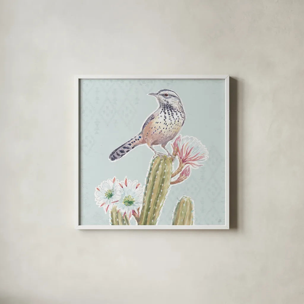 Desert Beauties XIII Aqua by Daphne Brissonnet. Shown in a crisp white glass frame for a clean and minimalist style. Available as an archival giclee rolled canvas, fine art paper, or poster print. SKU 65794a.