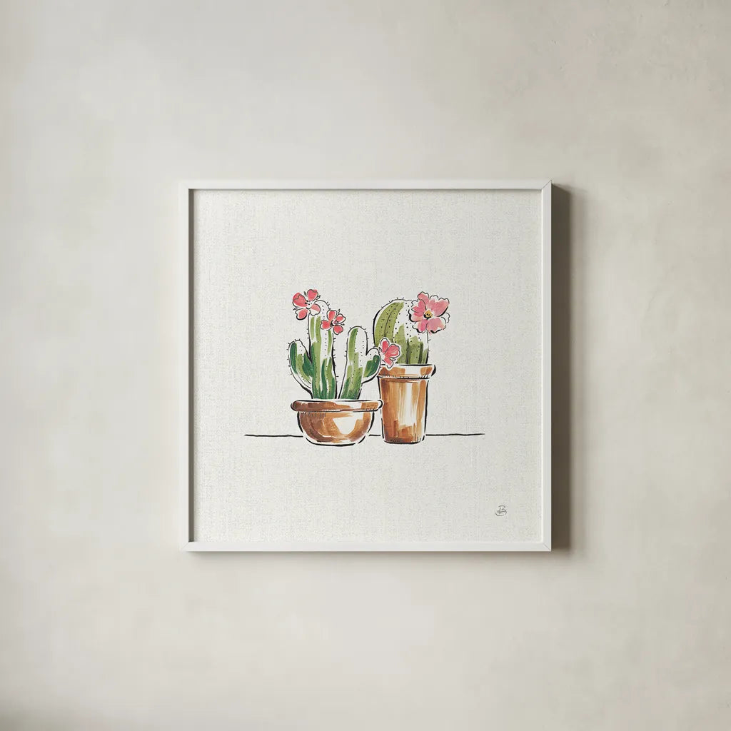 Desert Bloom VI by Daphne Brissonnet. Shown in a crisp white glass frame for a clean and minimalist style. Available as an archival giclee rolled canvas, fine art paper, or poster print. SKU 35022a.