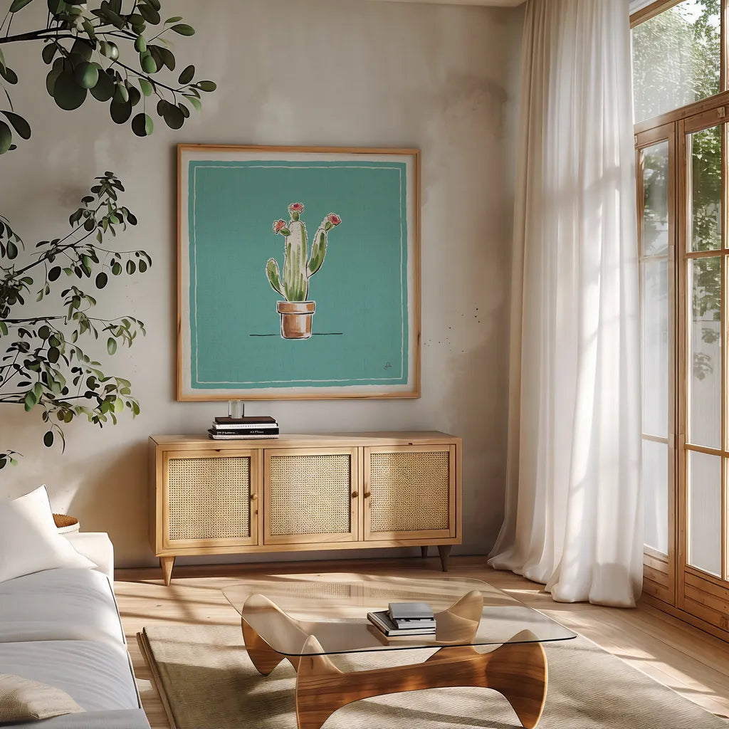 Desert Bloom VIII by Daphne Brissonnet. Shown in a natural wood frame in a cozy modern living room. Available as an archival giclee rolled canvas, fine art paper, or poster print. SKU 35024a.