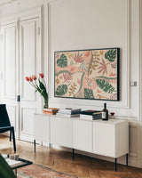 Desert Flair II Color by Daphne Brissonnet. shown as a framed stretched canvas in a living room above a console. Available as a archival giclee rolled canvas, fine art paper, or poster print. SKU 62052i.